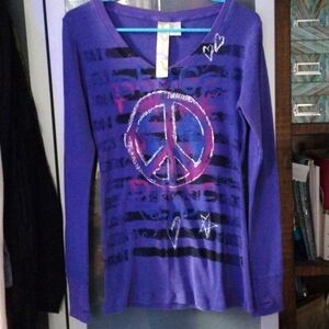Purple 100% cotton long sleeved v neck thermal top w peace sign hearts stars ❤️
